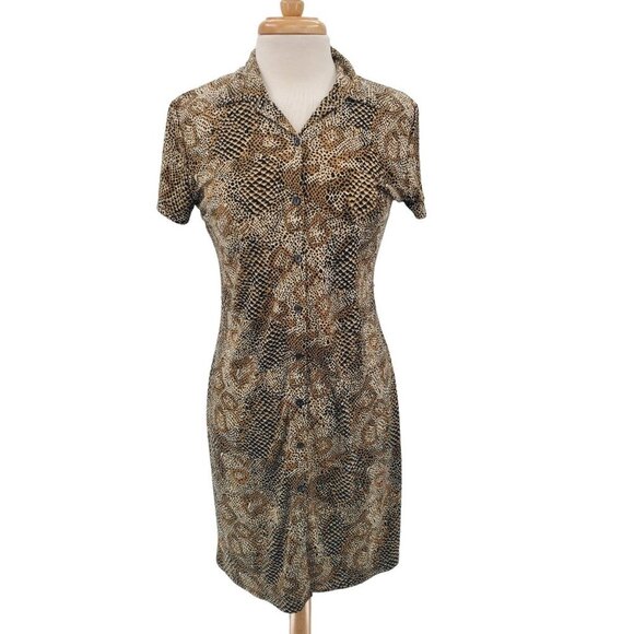 Womens Snakeskin Button Front Bodycon Dress Size 8 Short Sleeve Animal Print - Picture 3 of 11